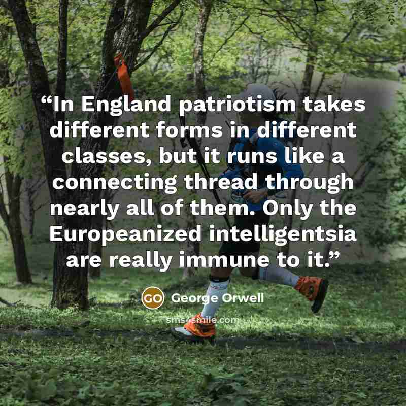“In England patriotism takes different forms in different classes, but it runs like a connecting thread through nearly all of them. Only the Europeanized intelligentsia are really immune to it.” quote by George Orwell
