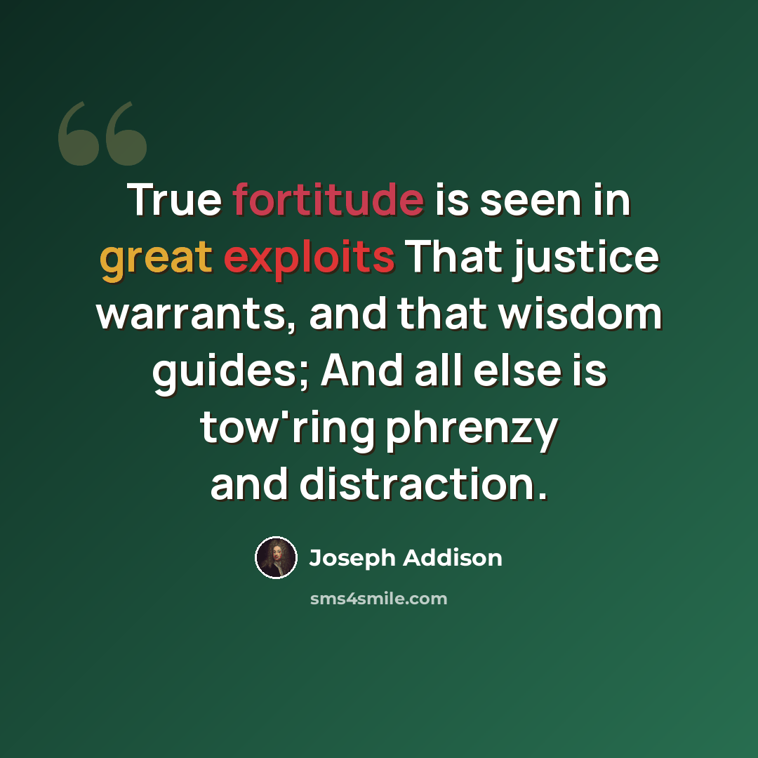 “True fortitude is seen in great exploits That justice warrants, and that wisdom guides; And all else is tow'ring phrenzy and distraction.” quote by Joseph Addison