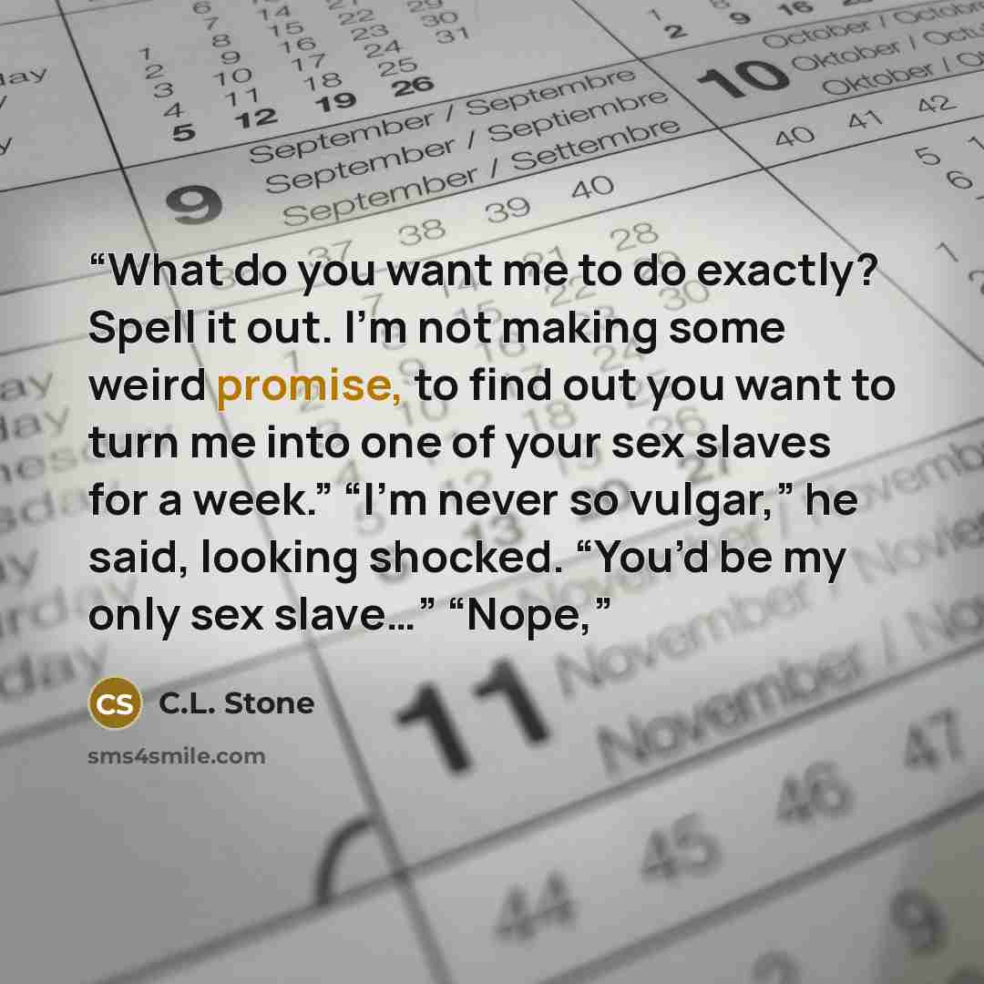 “What do you want me to do exactly? Spell it out. I’m not making some weird promise, to find out you want to turn me into one of your sex slaves for a week.” “I’m never so vulgar,” he said, looking shocked. “You’d be my only sex slave…” “Nope,” quote by C.L. Stone