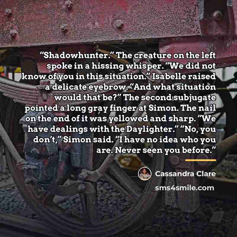 “Shadowhunter.” The creature on the left spoke in a hissing whisper. “We did not know of you in this situation.” Isabelle raised a delicate eyebrow. “And what situation would that be?” The second subjugate pointed a long gray finger at Simon. The nail on the end of it was yellowed and sharp. “We…” quote by Cassandra Clare
