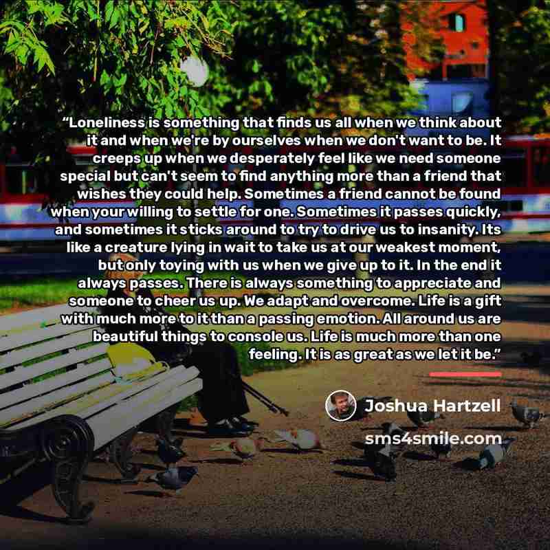 “Loneliness is something that finds us all when we think about it and when we're by ourselves when we don't want to be. It creeps up when we desperately feel like we need someone special but can't seem to find anything more than a friend that wishes they could help. Sometimes a friend cannot be…” quote by Joshua Hartzell