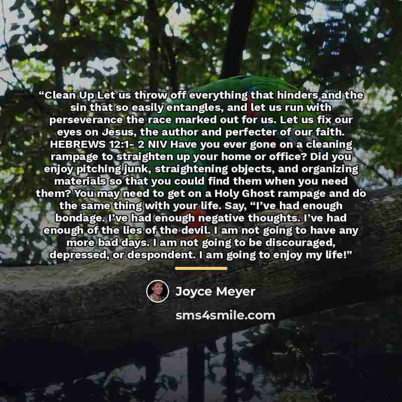“Clean Up Let us throw off everything that hinders and the sin that so easily entangles, and let us run with perseverance the race marked out for us. Let us fix our eyes on Jesus, the author and perfecter of our faith. HEBREWS 12:1- 2 NIV Have you ever gone on a cleaning rampage to straighten up…” quote by Joyce Meyer