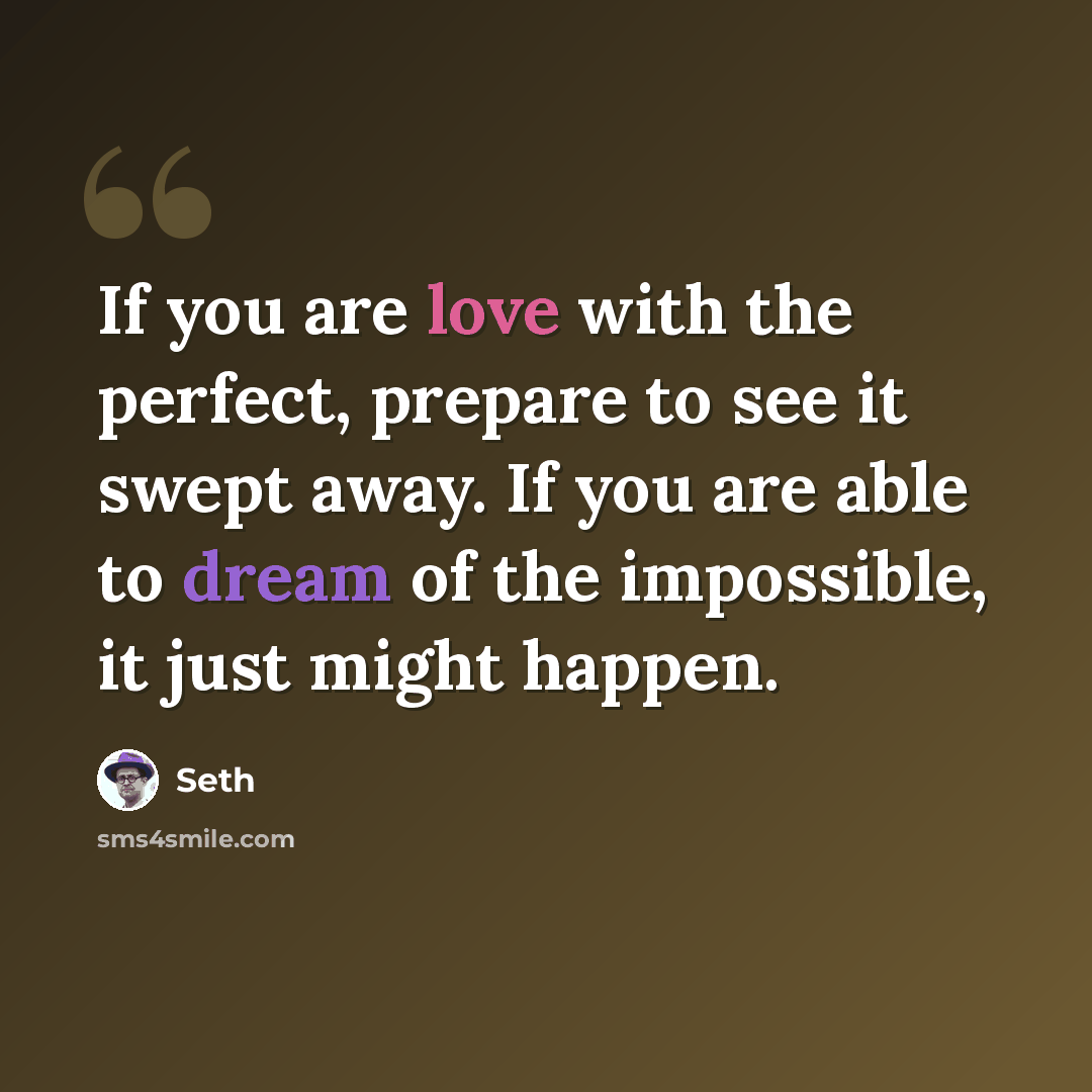 “If you are love with the perfect, prepare to see it swept away. If you are able to dream of the impossible, it just might happen.” quote by Seth