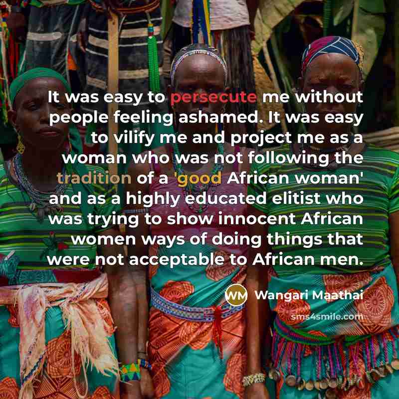 “It was easy to persecute me without people feeling ashamed. It was easy to vilify me and project me as a woman who was not following the tradition of a 'good African woman' and as a highly educated elitist who was trying to show innocent African women ways of doing things that were not acceptable…” quote by Wangari Maathai