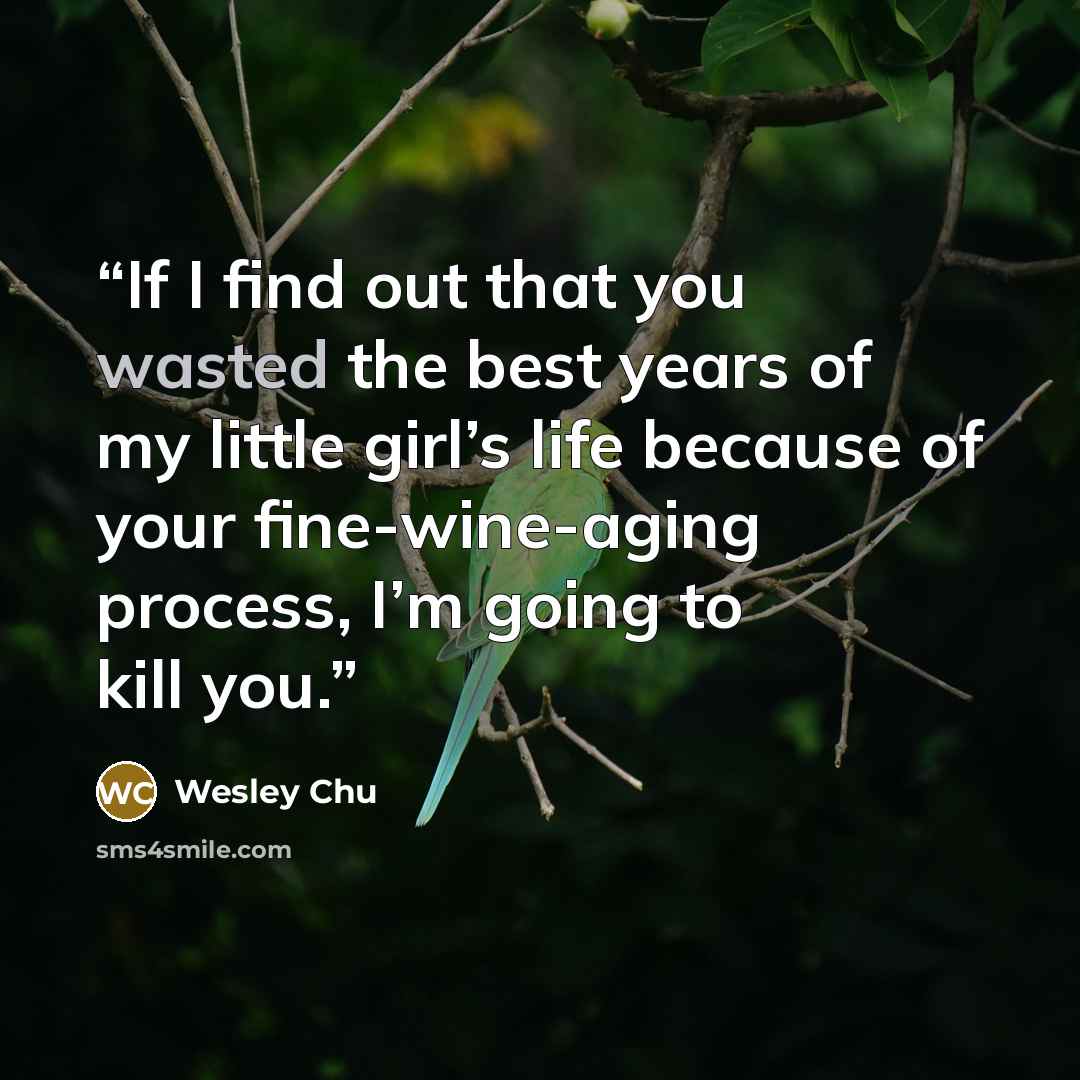 “If I find out that you wasted the best years of my little girl’s life because of your fine-wine-aging process, I’m going to kill you.” quote by Wesley Chu