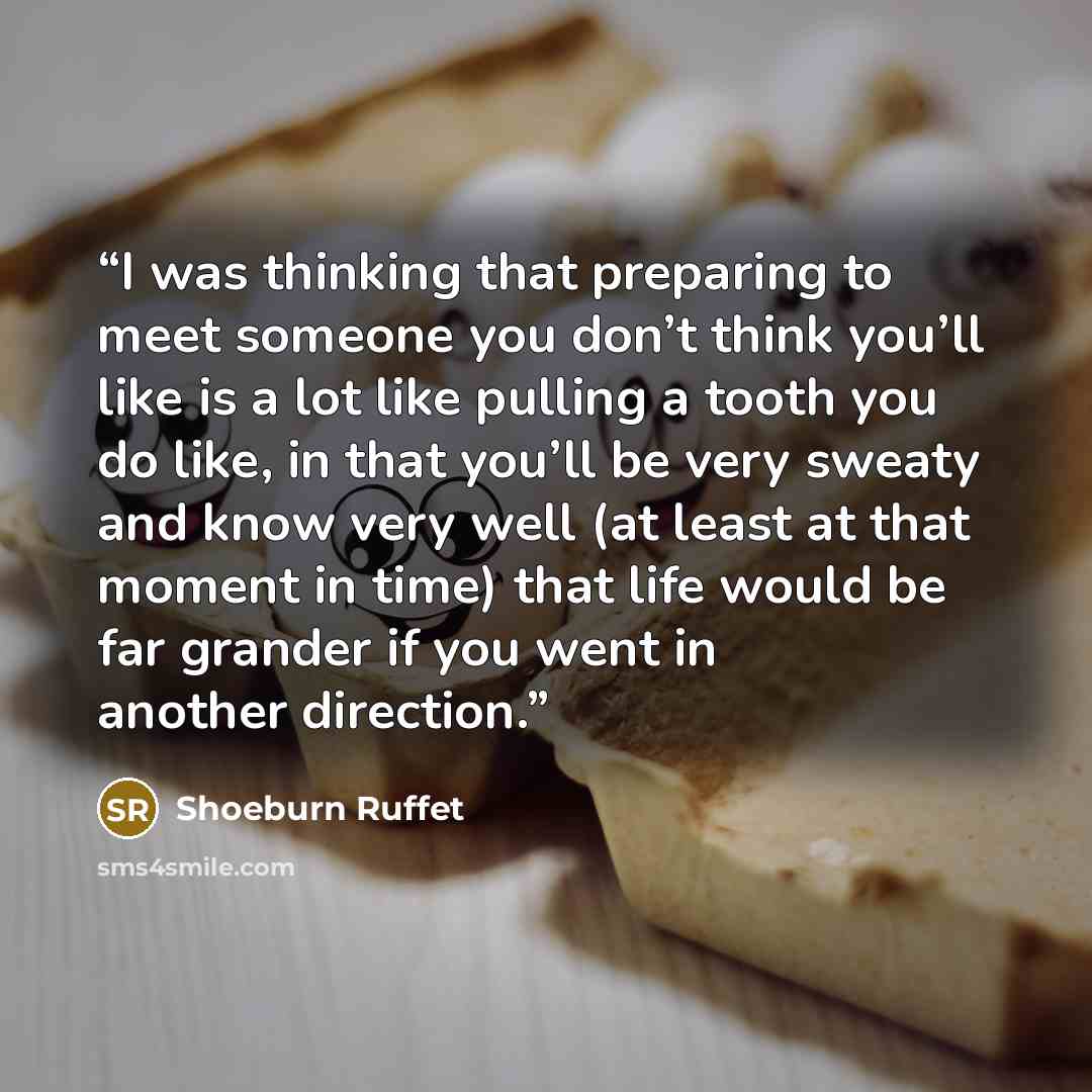“I was thinking that preparing to meet someone you don’t think you’ll like is a lot like pulling a tooth you do like, in that you’ll be very sweaty and know very well (at least at that moment in time) that life would be far grander if you went in another direction.” quote by Shoeburn Ruffet