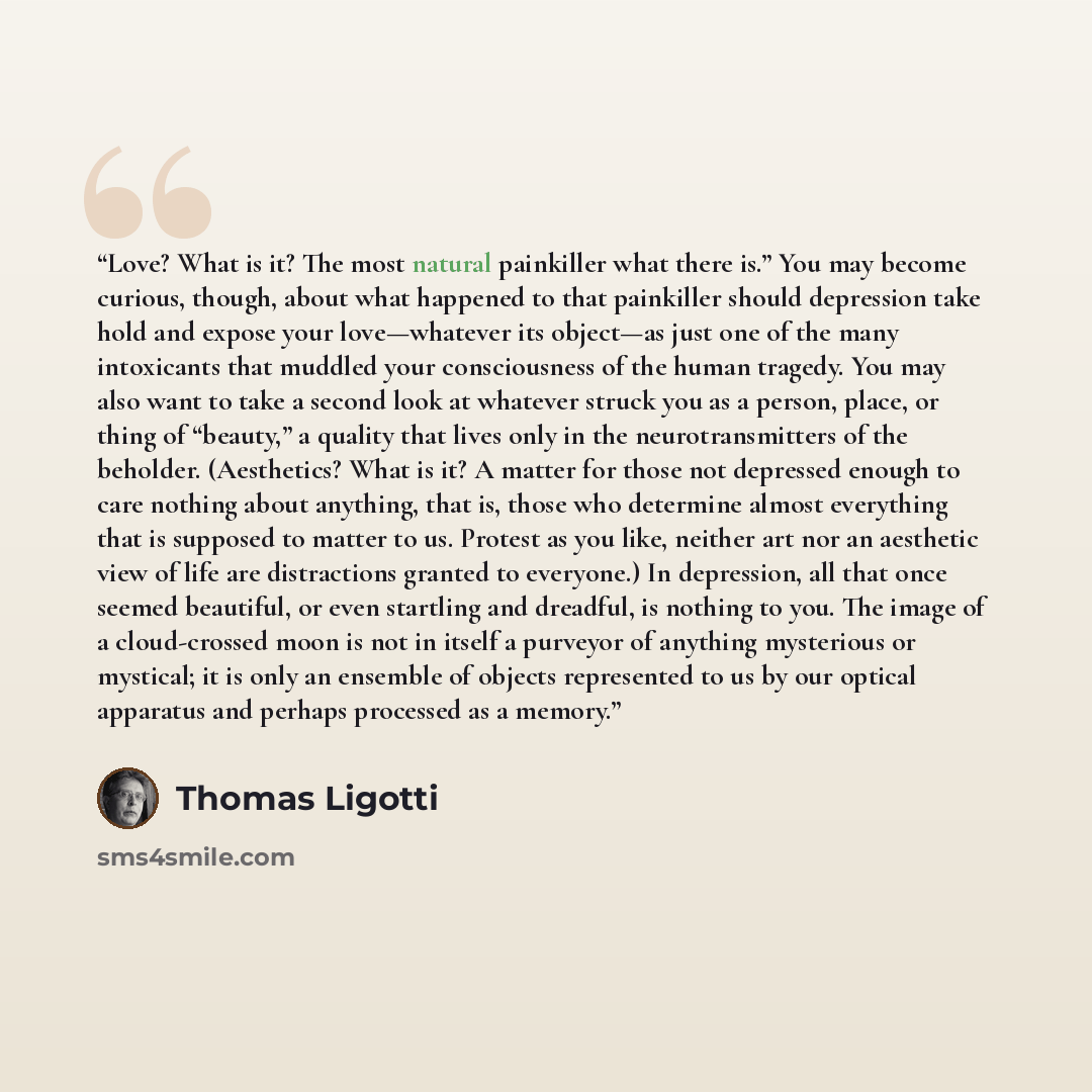 “Love? What is it? The most natural painkiller what there is.” You may become curious, though, about what happened to that painkiller should depression take hold and expose your love—whatever its object—as just one of the many intoxicants that muddled your consciousness of the human tragedy. You…” quote by Thomas Ligotti