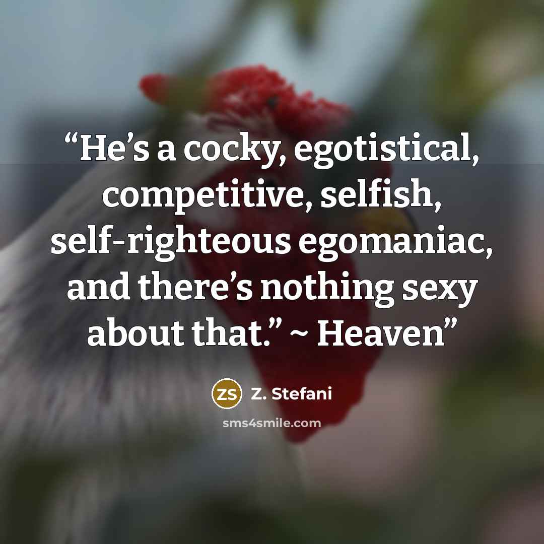 “He’s a cocky, egotistical, competitive, selfish, self-righteous egomaniac, and there’s nothing sexy about that.” ~ Heaven” quote by Z. Stefani