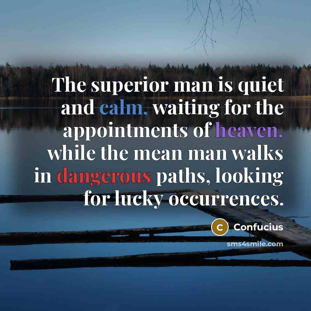 “The superior man is quiet and calm, waiting for the appointments of heaven, while the mean man walks in dangerous paths, looking for lucky occurrences.” quote by Confucius