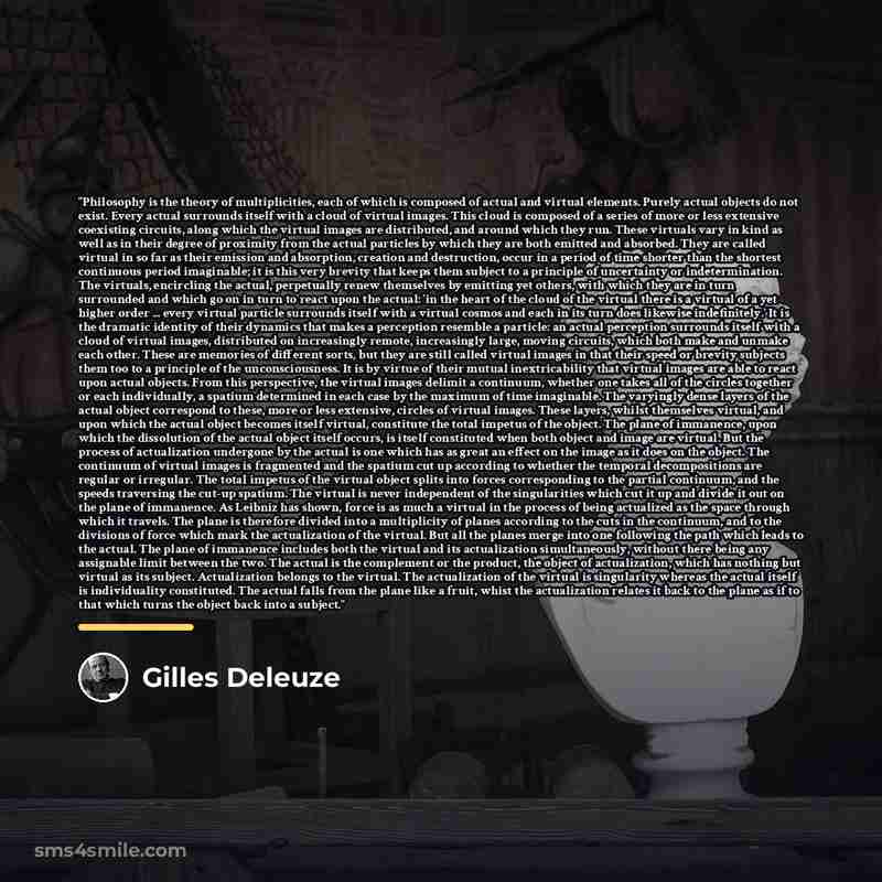 “Philosophy is the theory of multiplicities, each of which is composed of actual and virtual elements. Purely actual objects do not exist. Every actual surrounds itself with a cloud of virtual images. This cloud is composed of a series of more or less extensive coexisting circuits, along which the…” quote by Gilles Deleuze