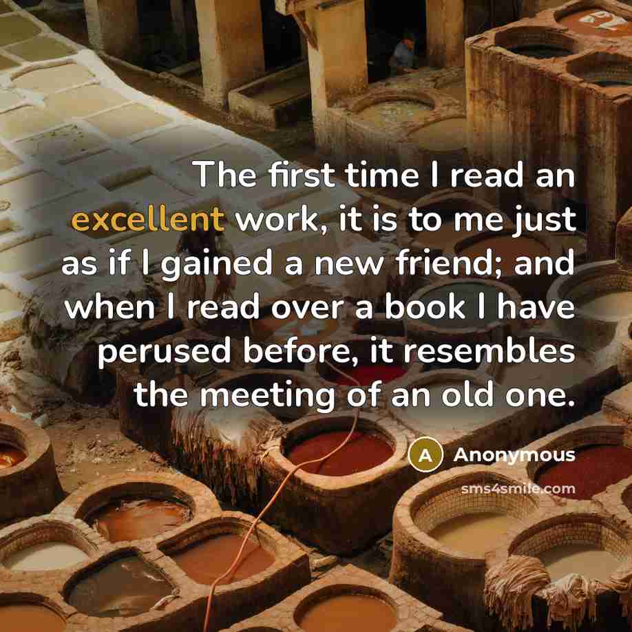 “The first time I read an excellent work, it is to me just as if I gained a new friend; and when I read over a book I have perused before, it resembles the meeting of an old one.” quote by Anonymous