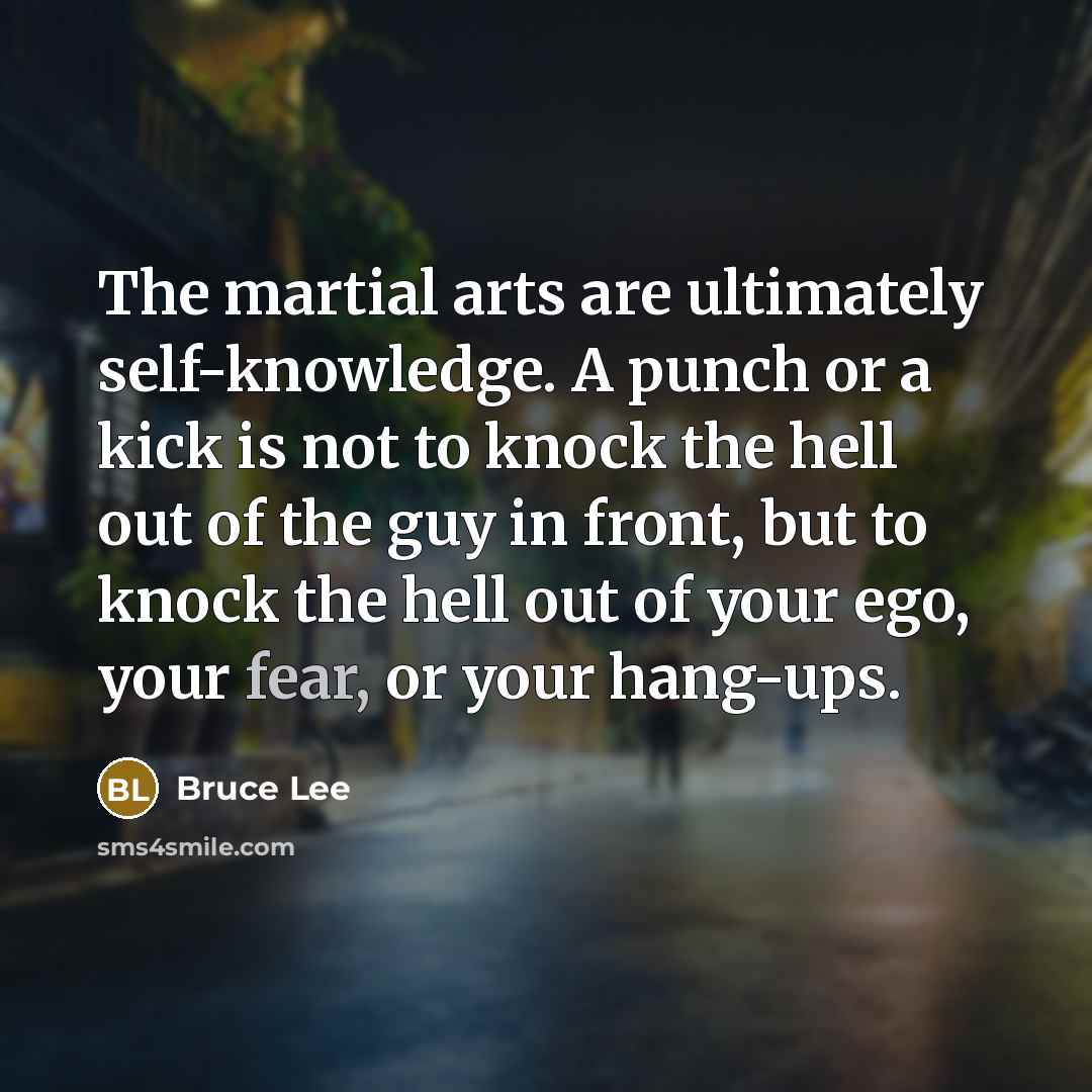 “The martial arts are ultimately self-knowledge. A punch or a kick is not to knock the hell out of the guy in front, but to knock the hell out of your ego, your fear, or your hang-ups.” quote by Bruce Lee