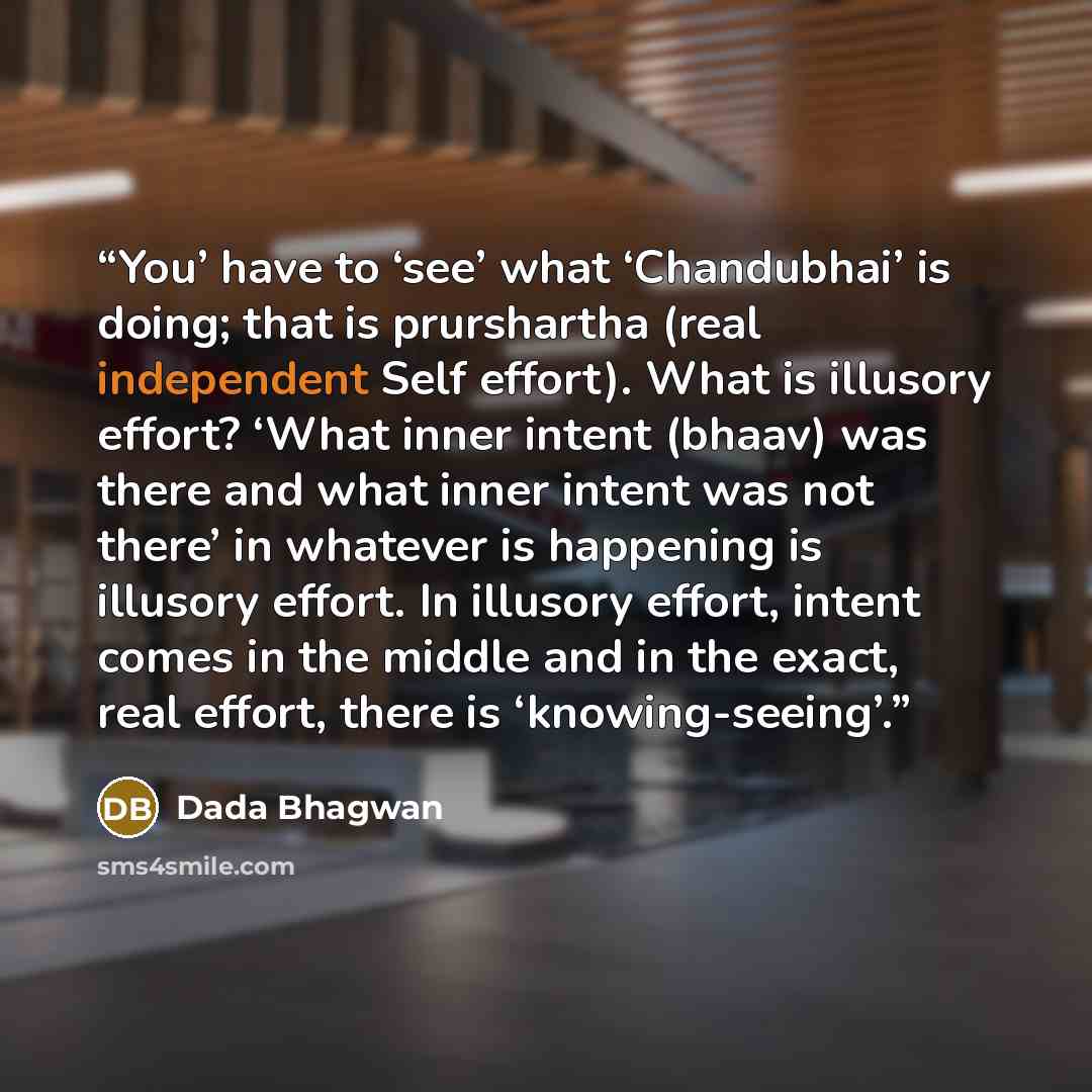 “You’ have to ‘see’ what ‘Chandubhai’ is doing; that is prurshartha (real independent Self effort). What is illusory effort? ‘What inner intent (bhaav) was there and what inner intent was not there’ in whatever is happening is illusory effort. In illusory effort, intent comes in the middle and in…” quote by Dada Bhagwan