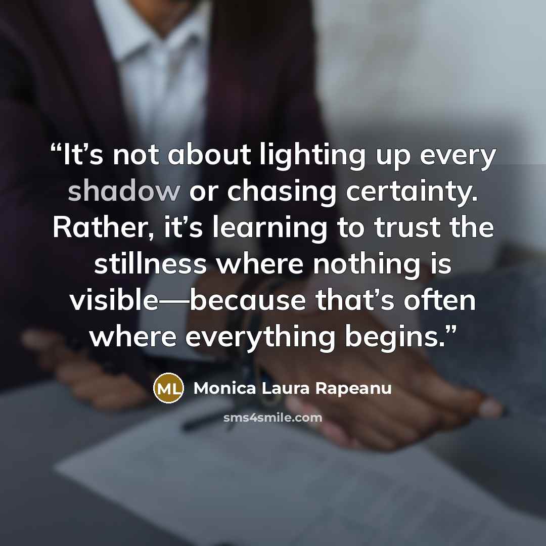 “It’s not about lighting up every shadow or chasing certainty. Rather, it’s learning to trust the stillness where nothing is visible—because that’s often where everything begins.” quote by Monica Laura Rapeanu