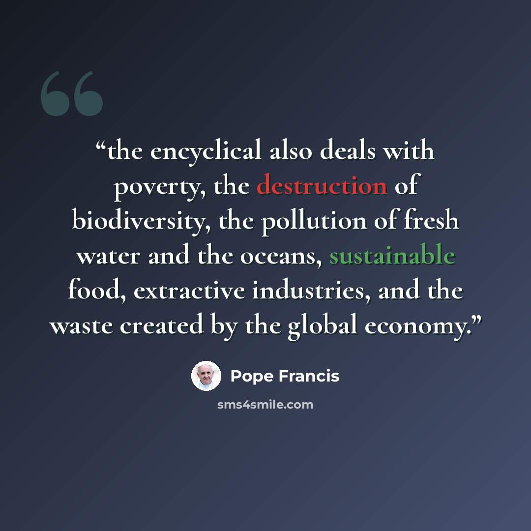 “the encyclical also deals with poverty, the destruction of biodiversity, the pollution of fresh water and the oceans, sustainable food, extractive industries, and the waste created by the global economy.” quote by Pope Francis