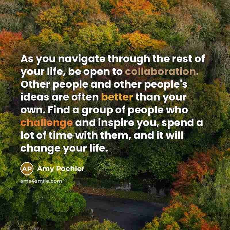 “As you navigate through the rest of your life, be open to collaboration. Other people and other people's ideas are often better than your own. Find a group of people who challenge and inspire you, spend a lot of time with them, and it will change your life.” quote by Amy Poehler