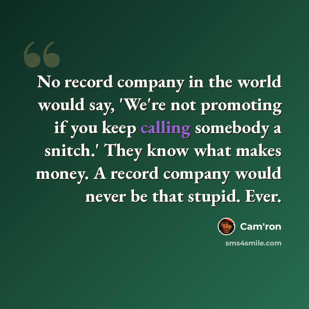 “No record company in the world would say, 'We're not promoting if you keep calling somebody a snitch.' They know what makes money. A record company would never be that stupid. Ever.” quote by Cam'ron