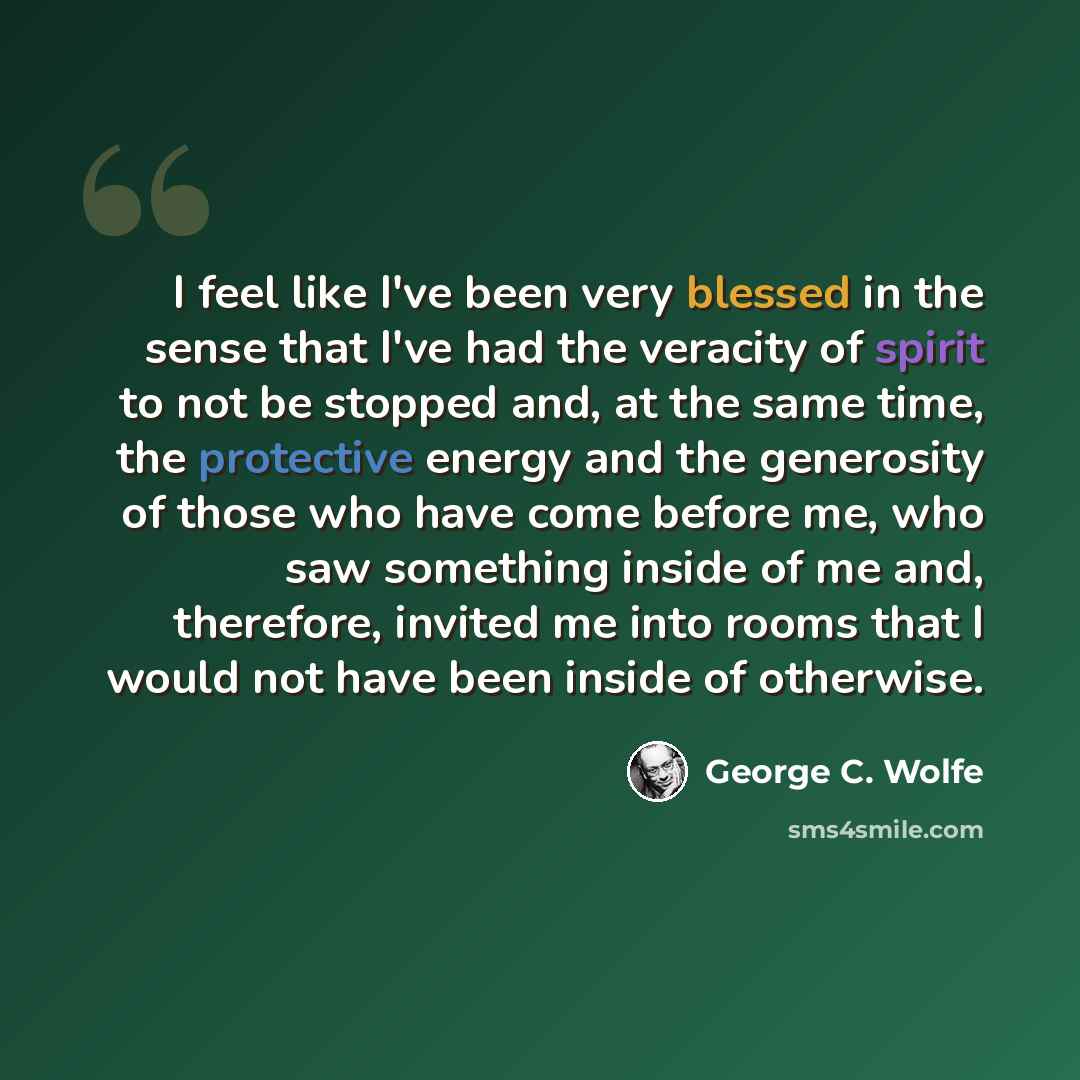 “I feel like I've been very blessed in the sense that I've had the veracity of spirit to not be stopped and, at the same time, the protective energy and the generosity of those who have come before me, who saw something inside of me and, therefore, invited me into rooms that I would not have been…” quote by George C. Wolfe