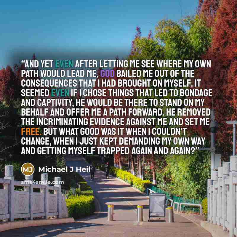 “And yet even after letting me see where my own path would lead me, God bailed me out of the consequences that I had brought on myself. It seemed even if I chose things that led to bondage and captivity, He would be there to stand on my behalf and offer me a path forward. He removed the…” quote by Michael J Heil