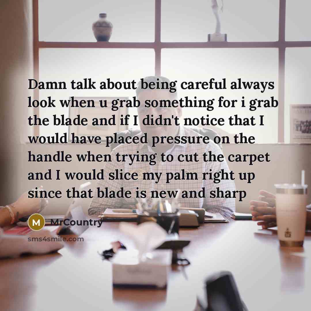 “Damn talk about being careful always look when u grab something for i grab the blade and if I didn't notice that I would have placed pressure on the handle when trying to cut the carpet and I would slice my palm right up since that blade is new and sharp” quote by MrCountry
