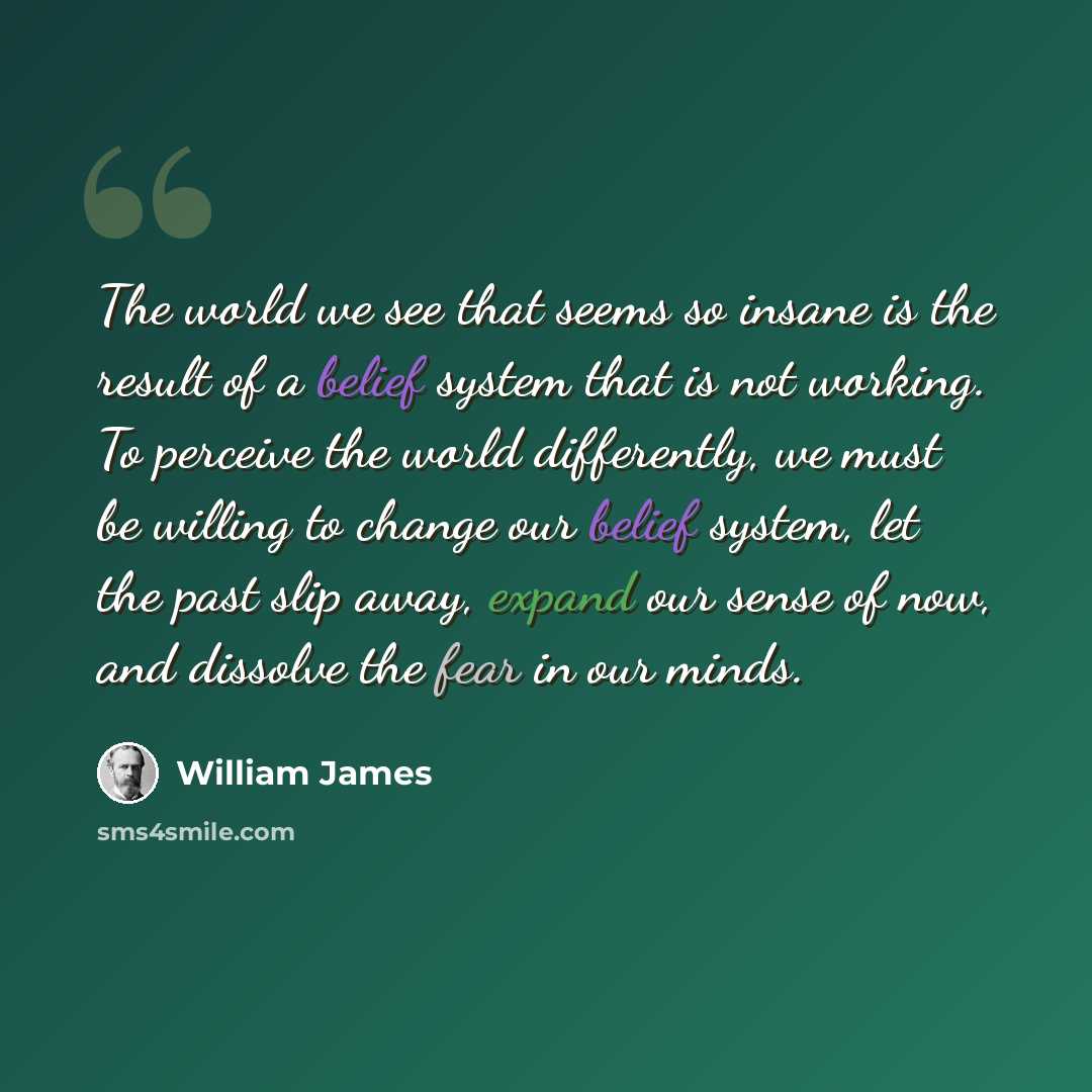 “The world we see that seems so insane is the result of a belief system that is not working. To perceive the world differently, we must be willing to change our belief system, let the past slip away, expand our sense of now, and dissolve the fear in our minds.” quote by William James