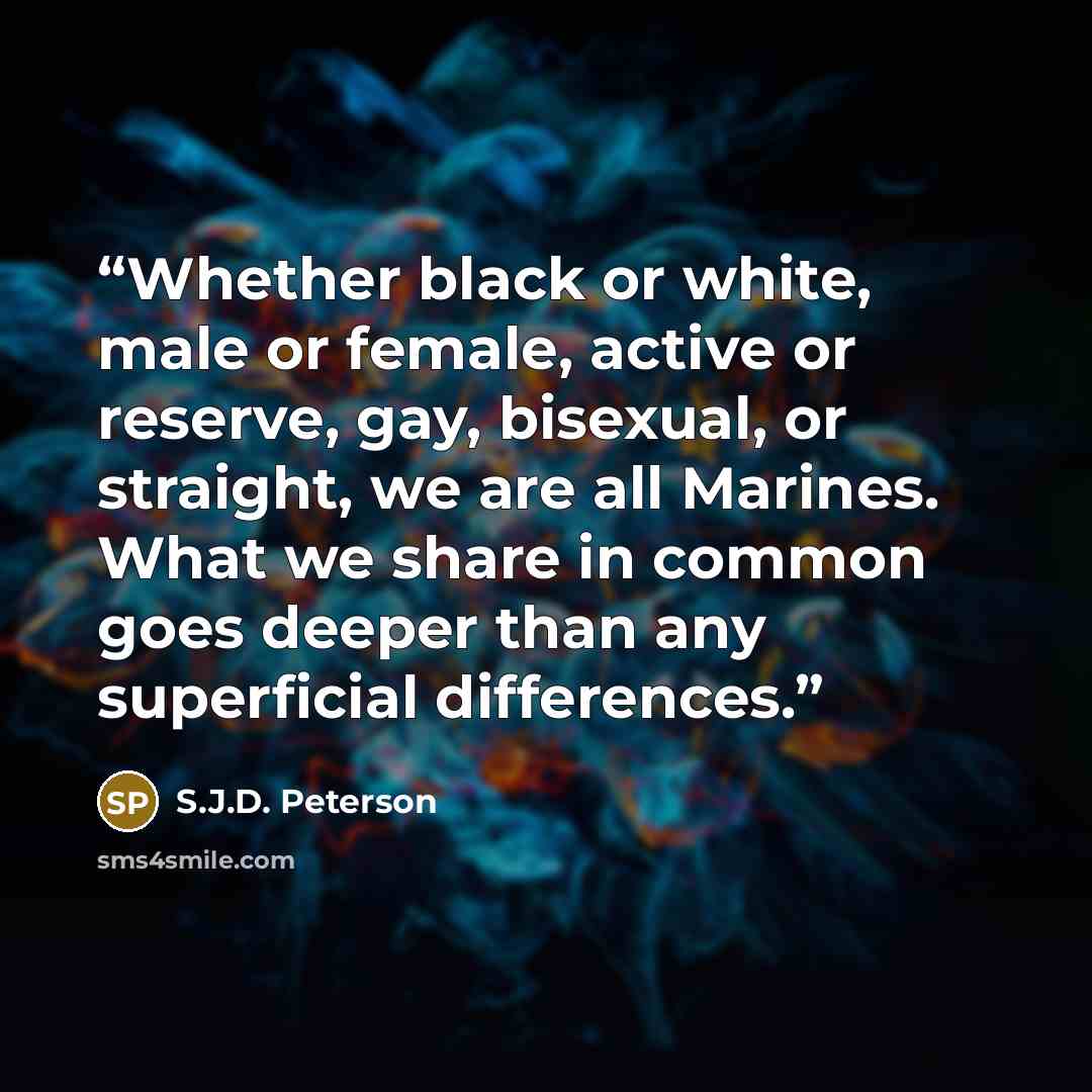 “Whether black or white, male or female, active or reserve, gay, bisexual, or straight, we are all Marines. What we share in common goes deeper than any superficial differences.” quote by S.J.D. Peterson