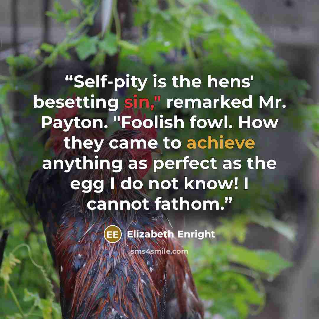 “Self-pity is the hens' besetting sin," remarked Mr. Payton. "Foolish fowl. How they came to achieve anything as perfect as the egg I do not know! I cannot fathom.” quote by Elizabeth Enright