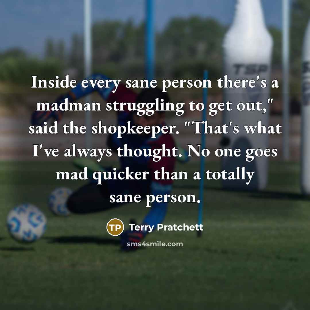 “Inside every sane person there's a madman struggling to get out," said the shopkeeper. "That's what I've always thought. No one goes mad quicker than a totally sane person.” quote by Terry Pratchett