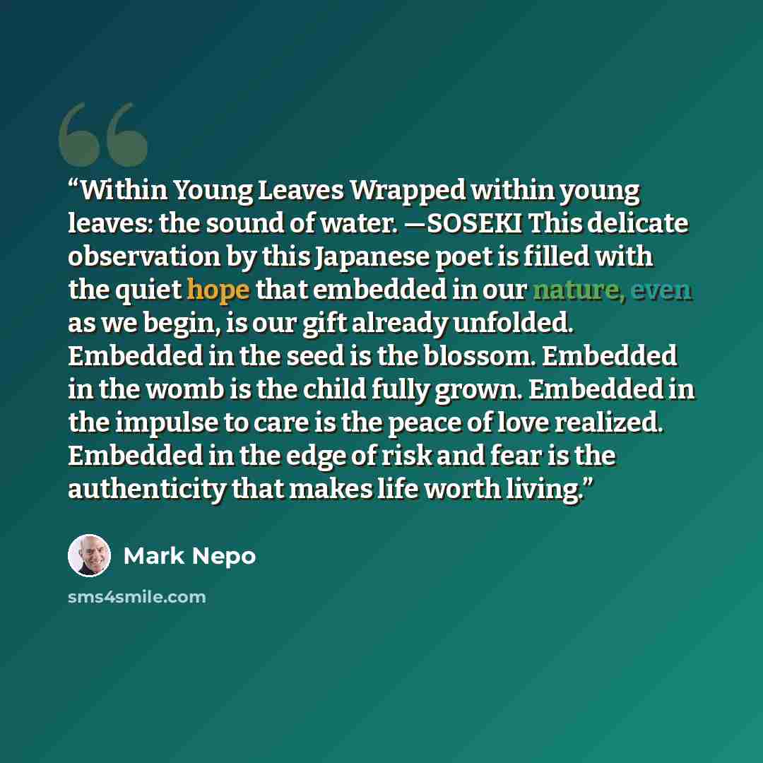 “Within Young Leaves Wrapped within young leaves: the sound of water. —SOSEKI This delicate observation by this Japanese poet is filled with the quiet hope that embedded in our nature, even as we begin, is our gift already unfolded. Embedded in the seed is the blossom. Embedded in the womb is the…” quote by Mark Nepo