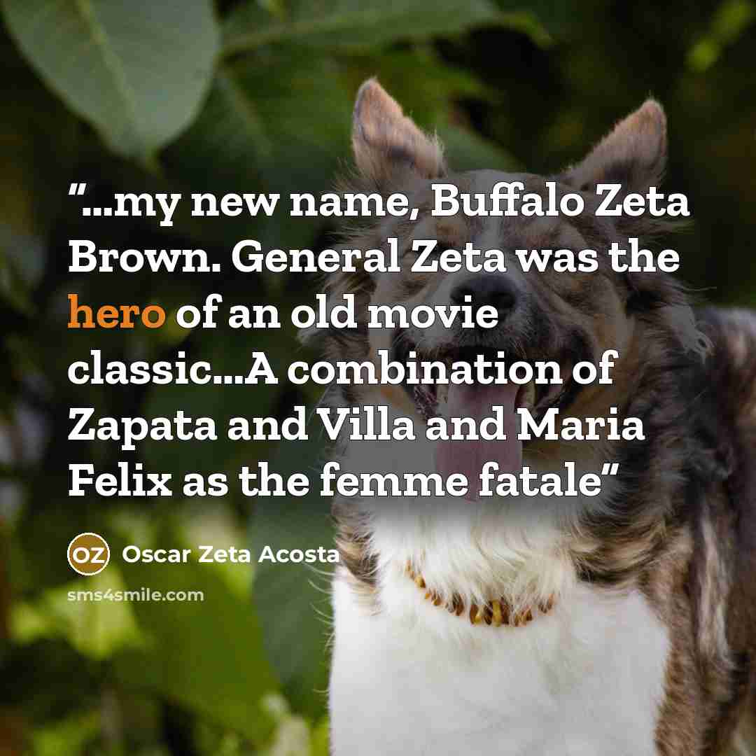 “…my new name, Buffalo Zeta Brown. General Zeta was the hero of an old movie classic…A combination of Zapata and Villa and Maria Felix as the femme fatale” quote by Oscar Zeta Acosta