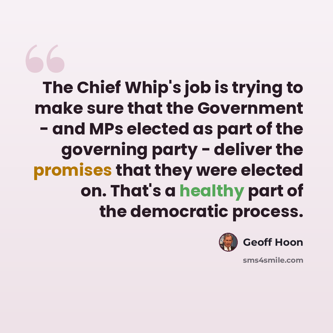 “The Chief Whip's job is trying to make sure that the Government - and MPs elected as part of the governing party - deliver the promises that they were elected on. That's a healthy part of the democratic process.” quote by Geoff Hoon