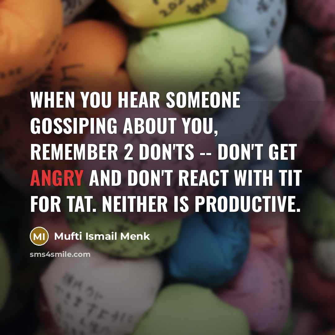 “When you hear someone gossiping about you, remember 2 Don'ts -- don't get angry and don't react with tit for tat. Neither is productive.” quote by Mufti Ismail Menk