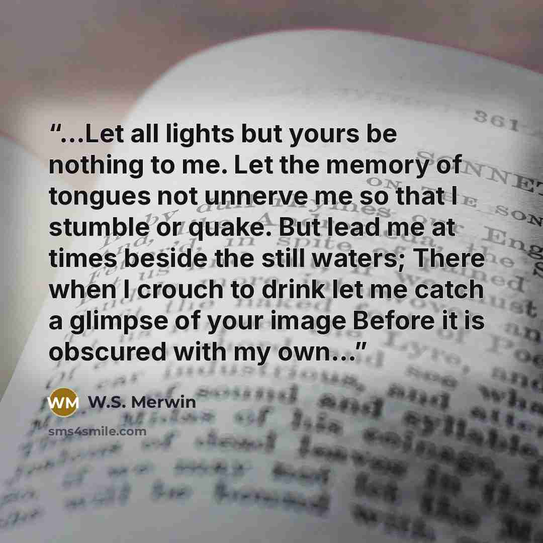 “…Let all lights but yours be nothing to me. Let the memory of tongues not unnerve me so that I stumble or quake. But lead me at times beside the still waters; There when I crouch to drink let me catch a glimpse of your image Before it is obscured with my own…” quote by W.S. Merwin