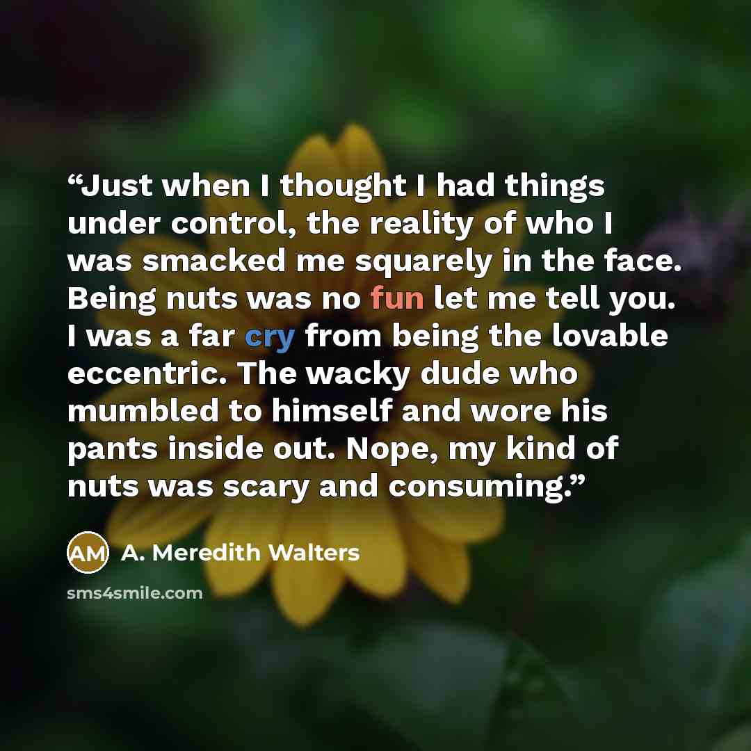 “Just when I thought I had things under control, the reality of who I was smacked me squarely in the face. Being nuts was no fun let me tell you. I was a far cry from being the lovable eccentric. The wacky dude who mumbled to himself and wore his pants inside out. Nope, my kind of nuts was scary…” quote by A. Meredith Walters