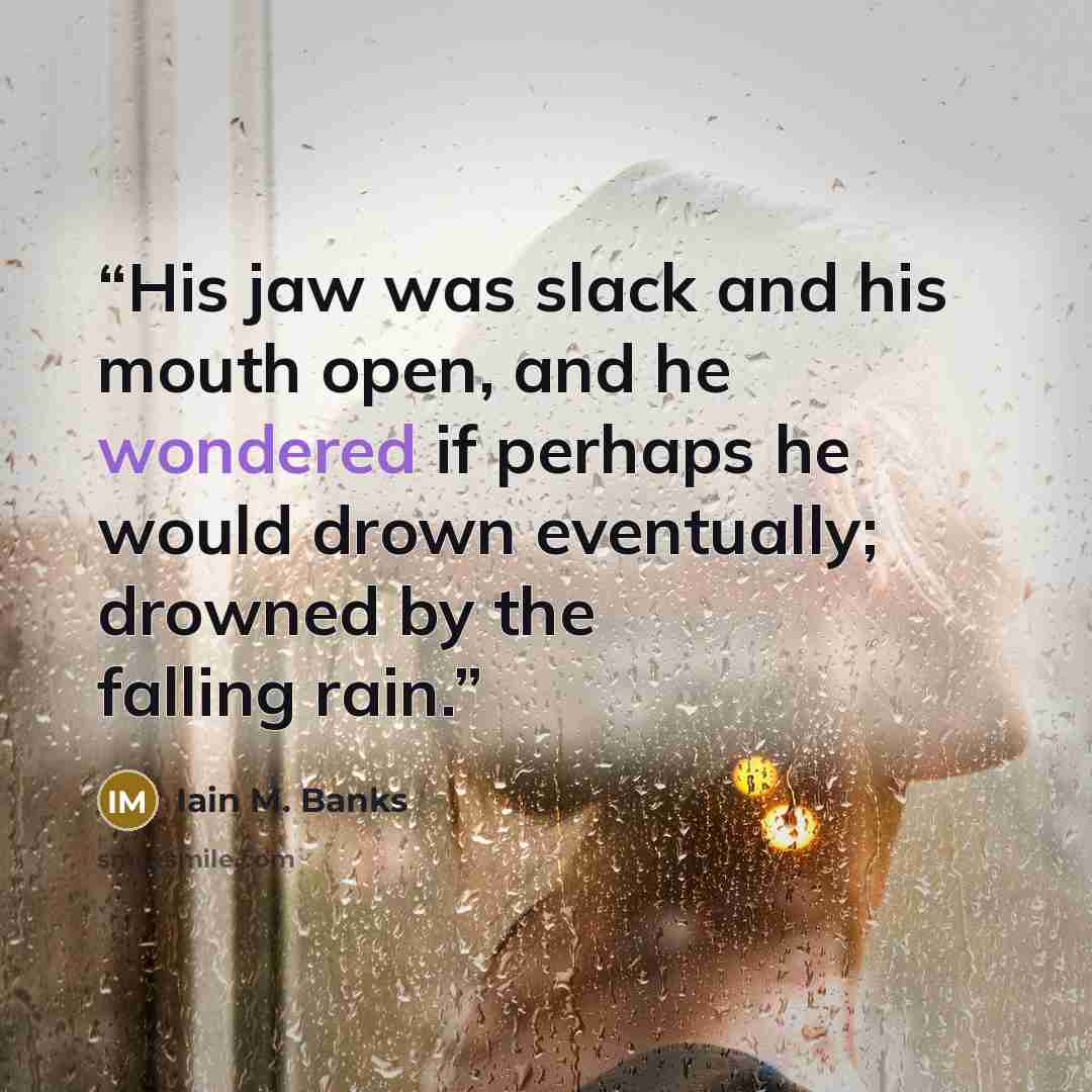 “His jaw was slack and his mouth open, and he wondered if perhaps he would drown eventually; drowned by the falling rain.” quote by Iain M. Banks
