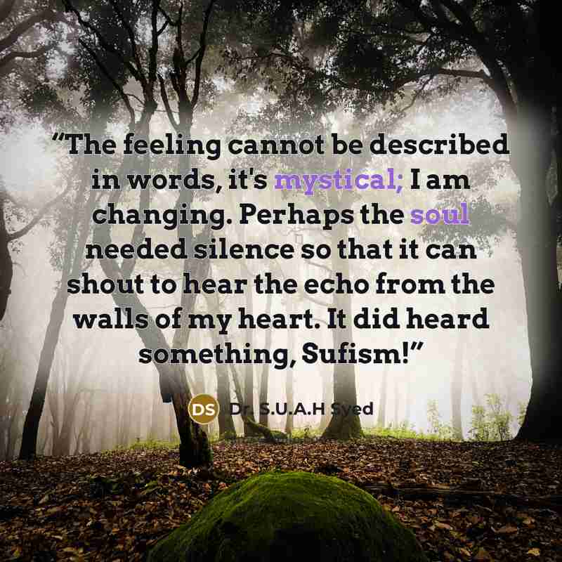 “The feeling cannot be described in words, it's mystical; I am changing. Perhaps the soul needed silence so that it can shout to hear the echo from the walls of my heart. It did heard something, Sufism!” quote by Dr. S.U.A.H Syed