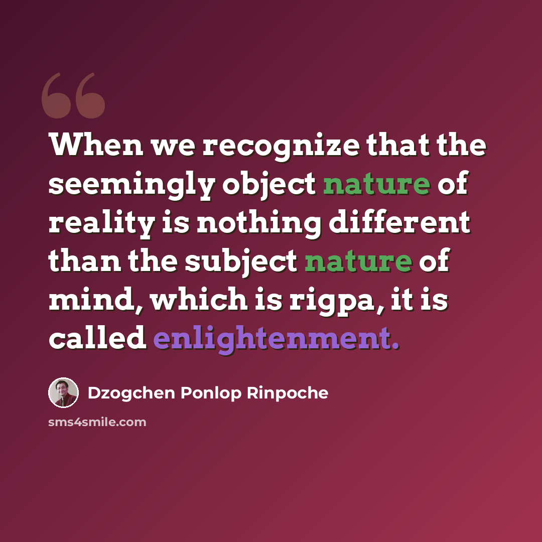“When we recognize that the seemingly object nature of reality is nothing different than the subject nature of mind, which is rigpa, it is called enlightenment.” quote by Dzogchen Ponlop Rinpoche