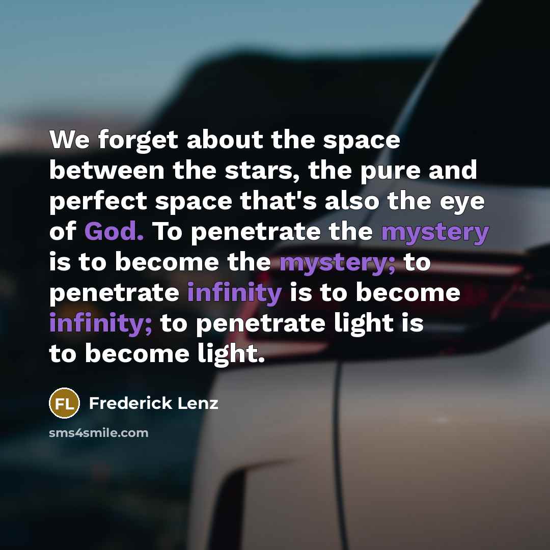 “We forget about the space between the stars, the pure and perfect space that's also the eye of God. To penetrate the mystery is to become the mystery; to penetrate infinity is to become infinity; to penetrate light is to become light.” quote by Frederick Lenz