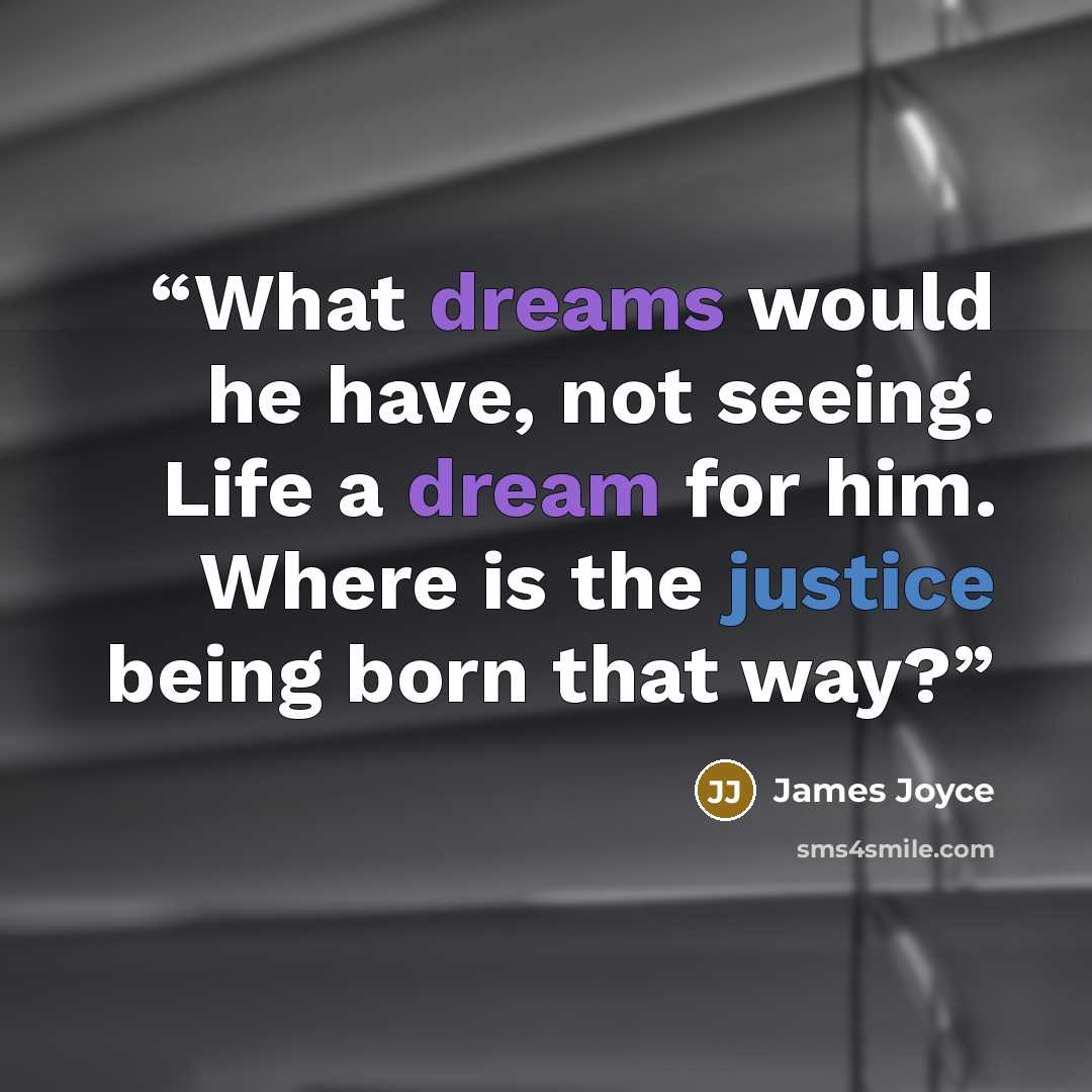 “What dreams would he have, not seeing. Life a dream for him. Where is the justice being born that way?” quote by James Joyce
