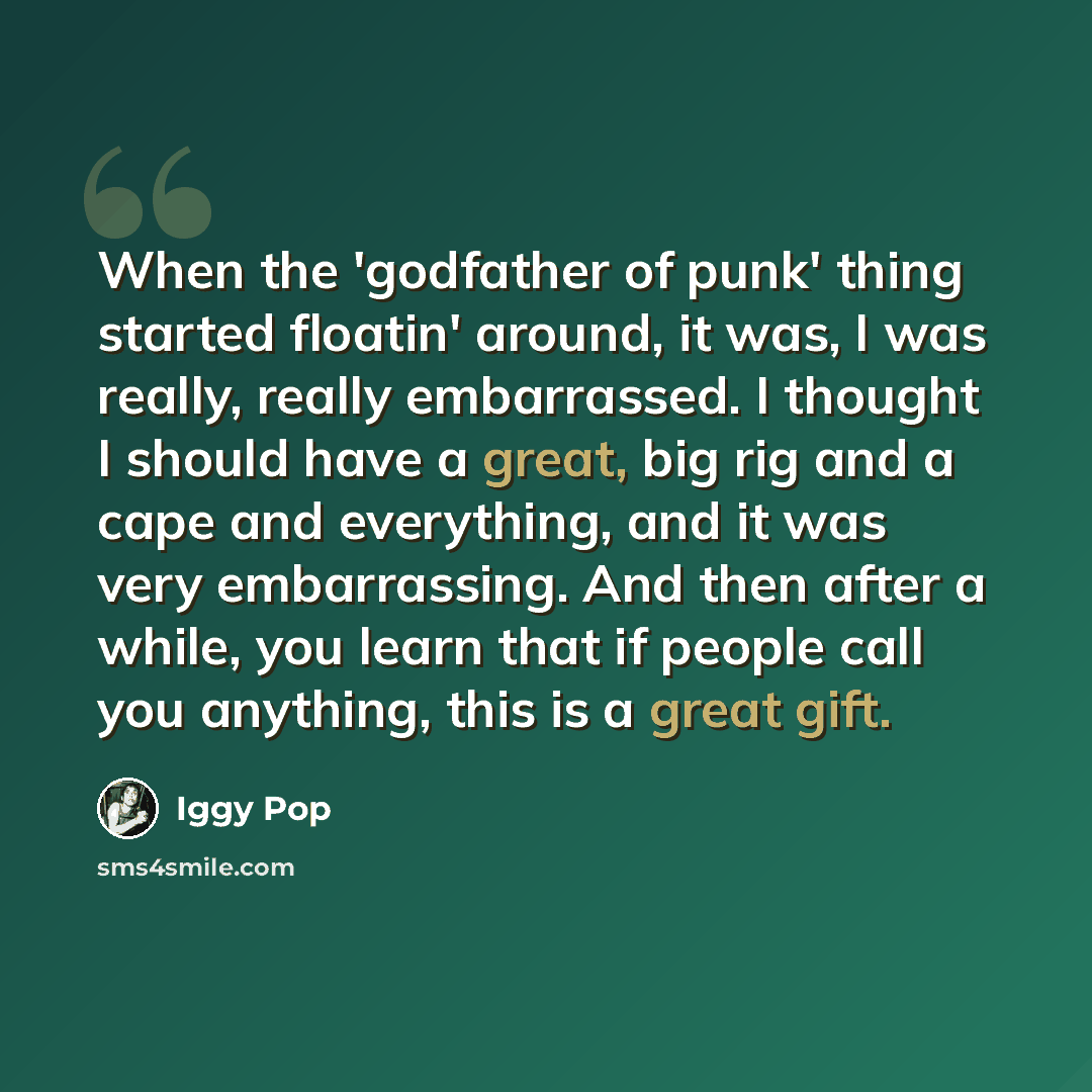 “When the 'godfather of punk' thing started floatin' around, it was, I was really, really embarrassed. I thought I should have a great, big rig and a cape and everything, and it was very embarrassing. And then after a while, you learn that if people call you anything, this is a great gift.” quote by Iggy Pop