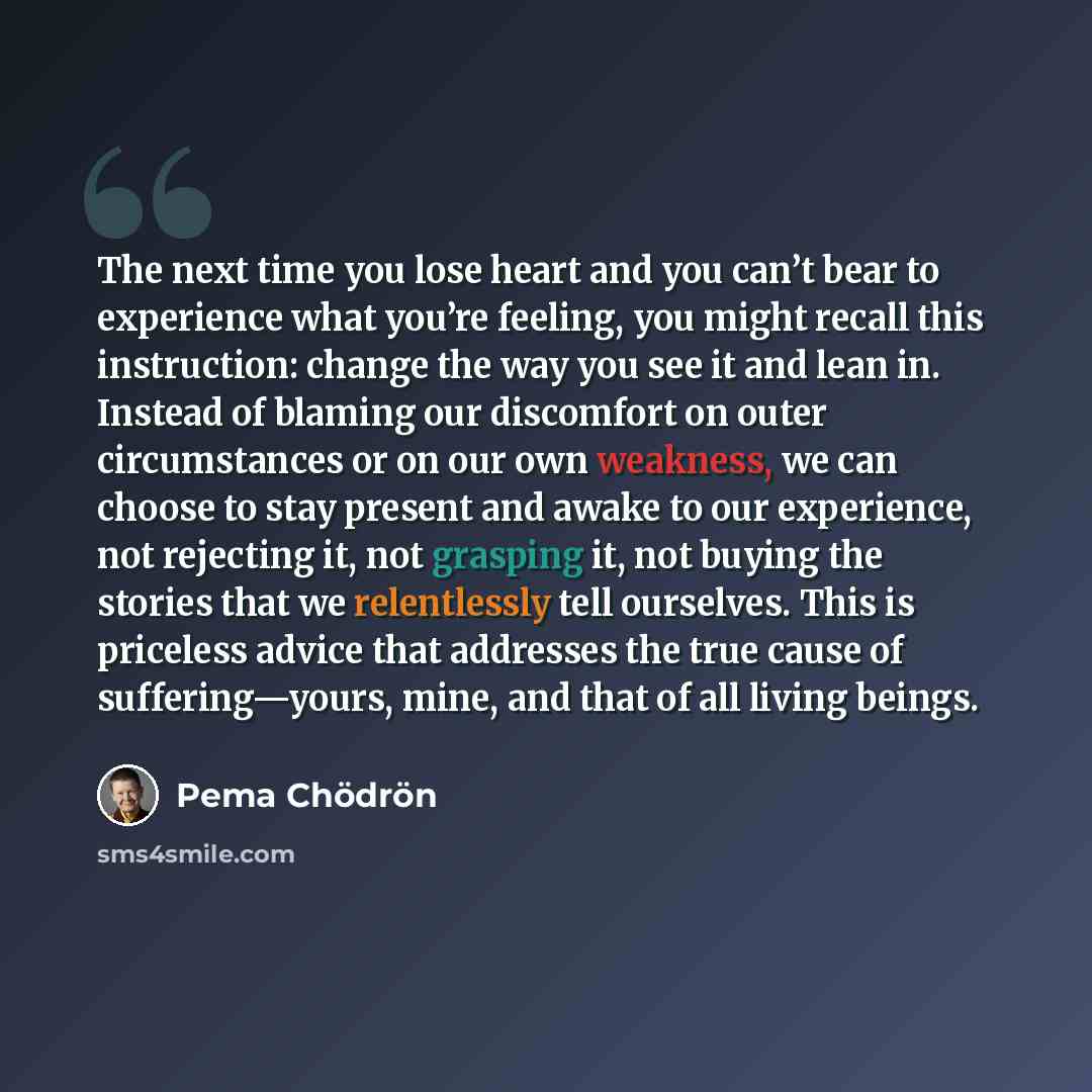 “The next time you lose heart and you can’t bear to experience what you’re feeling, you might recall this instruction: change the way you see it and lean in. Instead of blaming our discomfort on outer circumstances or on our own weakness, we can choose to stay present and awake to our experience…” quote by Pema Chodron