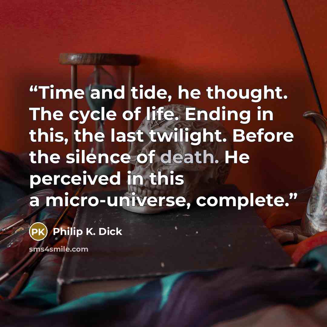 “Time and tide, he thought. The cycle of life. Ending in this, the last twilight. Before the silence of death. He perceived in this a micro-universe, complete.” quote by Philip K. Dick
