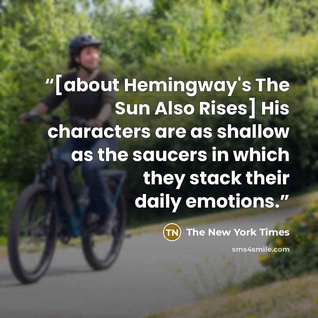 “[about Hemingway's The Sun Also Rises] His characters are as shallow as the saucers in which they stack their daily emotions.” quote by The New York Times