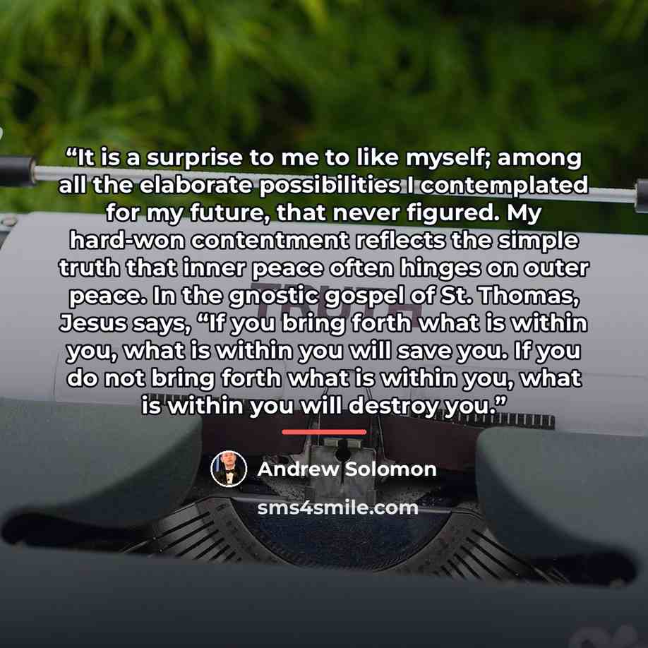 “It is a surprise to me to like myself; among all the elaborate possibilities I contemplated for my future, that never figured. My hard-won contentment reflects the simple truth that inner peace often hinges on outer peace. In the gnostic gospel of St. Thomas, Jesus says, “If you bring forth what…” quote by andrew solomon