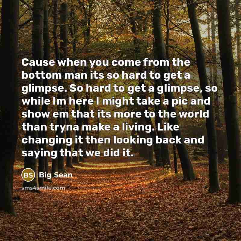 “Cause when you come from the bottom man its so hard to get a glimpse. So hard to get a glimpse, so while Im here I might take a pic and show em that its more to the world than tryna make a living. Like changing it then looking back and saying that we did it.” quote by Big Sean