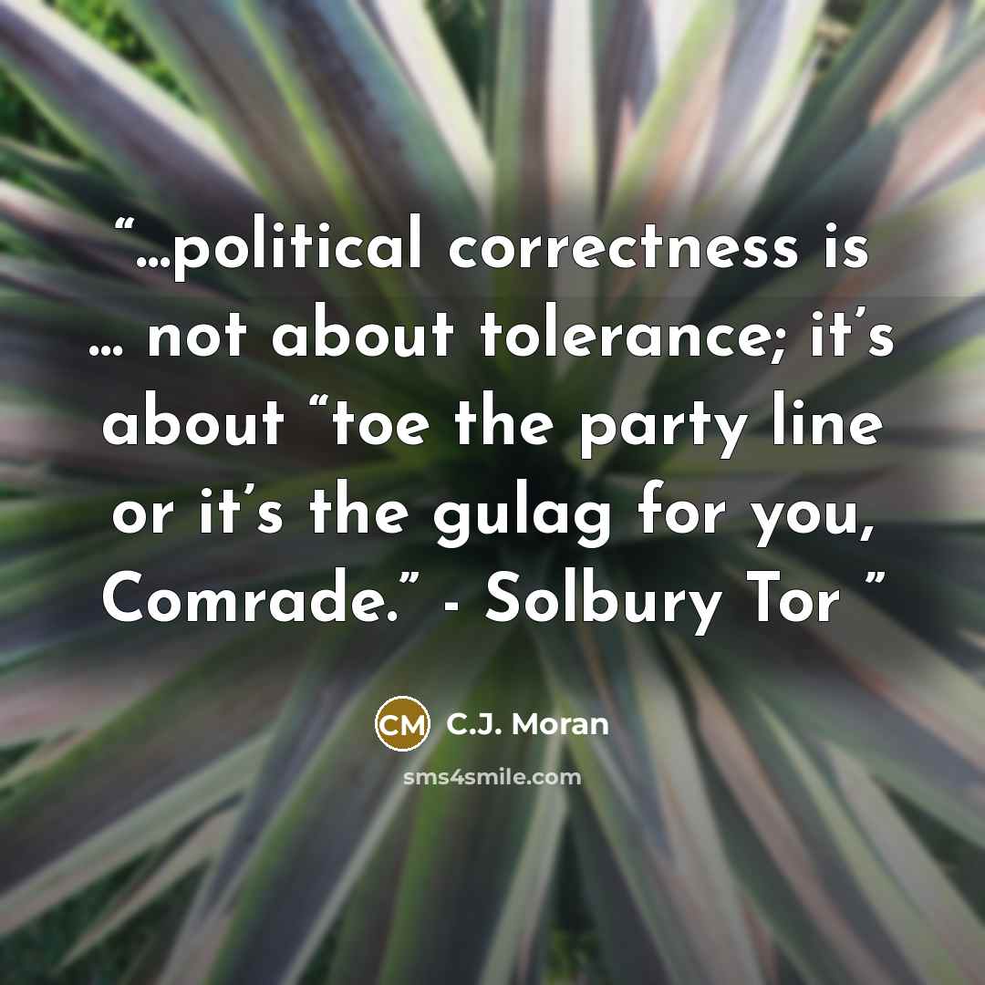“...political correctness is ... not about tolerance; it’s about “toe the party line or it’s the gulag for you, Comrade.” - Solbury Tor” quote by C.J. Moran