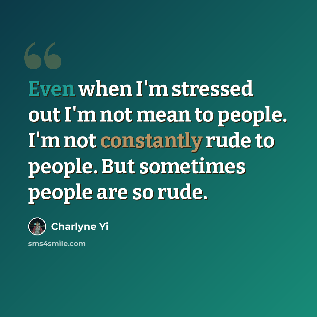 “Even when I'm stressed out I'm not mean to people. I'm not constantly rude to people. But sometimes people are so rude.” quote by Charlyne Yi