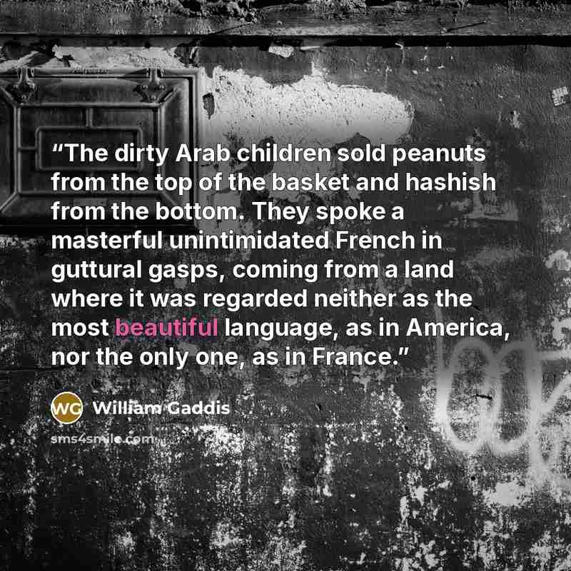 “The dirty Arab children sold peanuts from the top of the basket and hashish from the bottom. They spoke a masterful unintimidated French in guttural gasps, coming from a land where it was regarded neither as the most beautiful language, as in America, nor the only one, as in France.” quote by William Gaddis