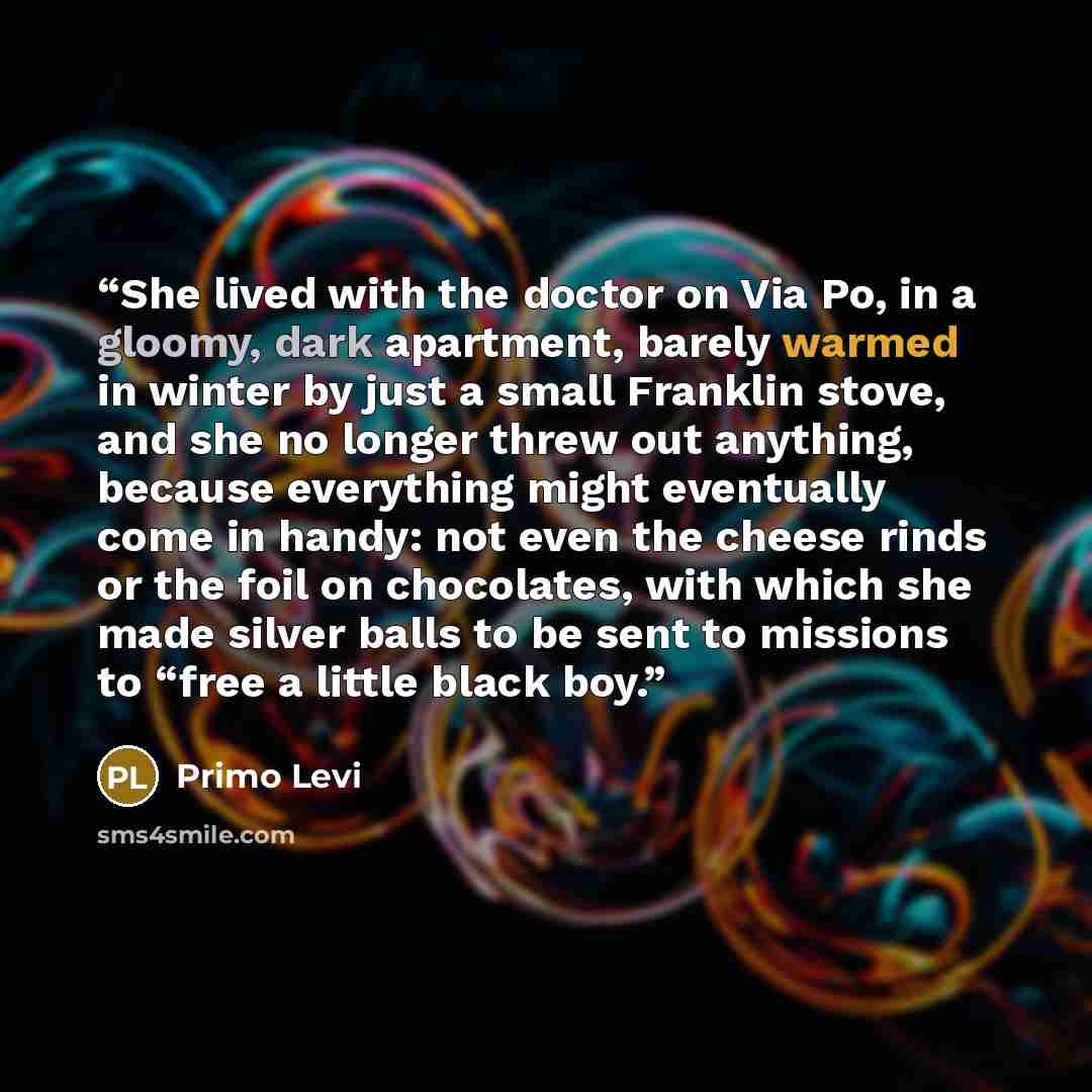 “She lived with the doctor on Via Po, in a gloomy, dark apartment, barely warmed in winter by just a small Franklin stove, and she no longer threw out anything, because everything might eventually come in handy: not even the cheese rinds or the foil on chocolates, with which she made silver balls…” quote by Primo Levi