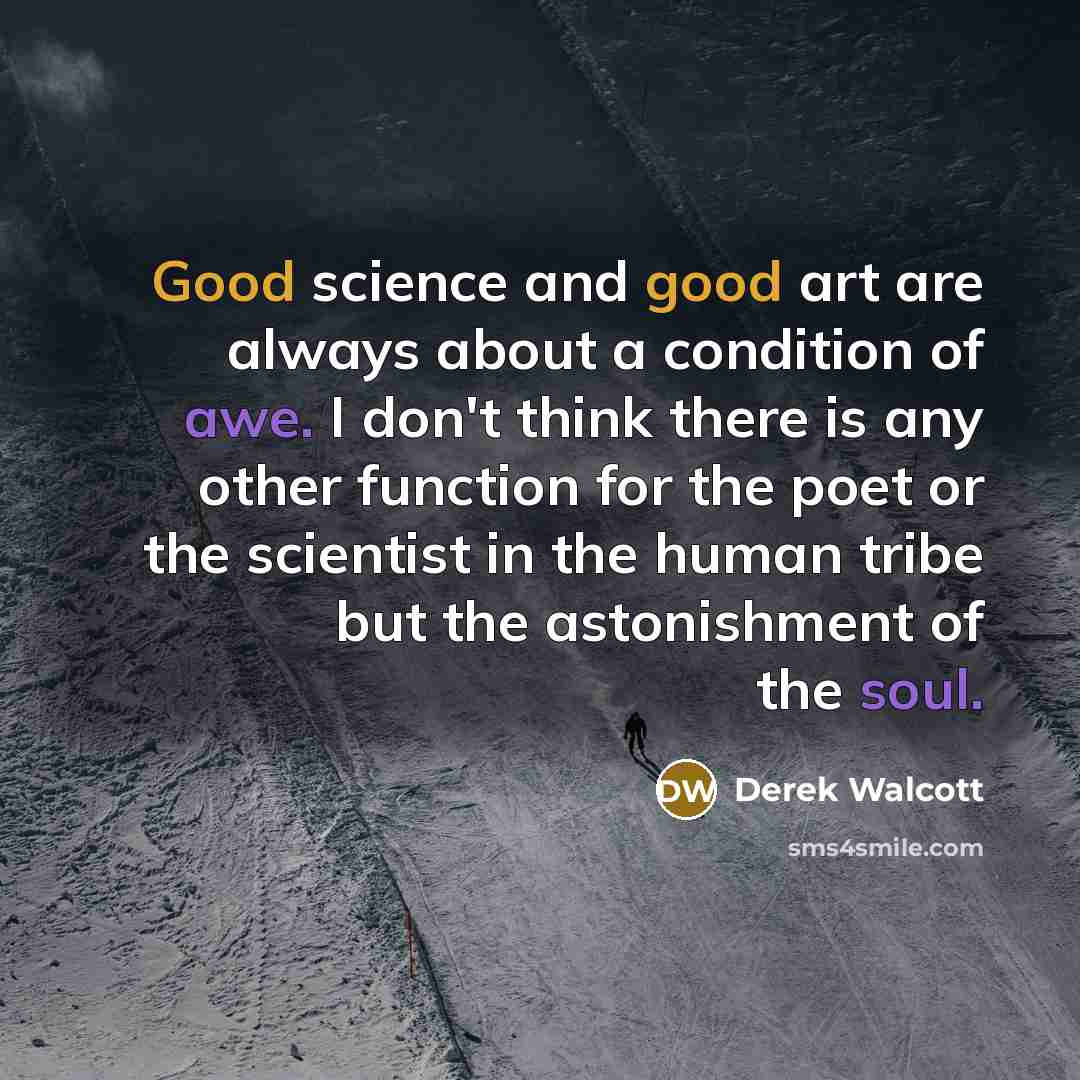 “Good science and good art are always about a condition of awe. I don't think there is any other function for the poet or the scientist in the human tribe but the astonishment of the soul.” quote by Derek Walcott